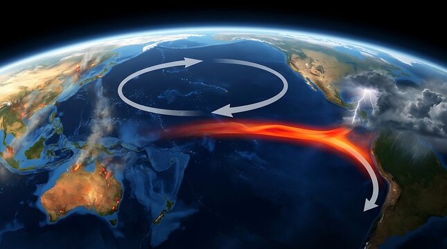 El Ni&ntilde;o phenomenon depicted as a warm oceanic current causing weather changes across Pacific ocean basin from Australia to South America, illustrating climate impact.