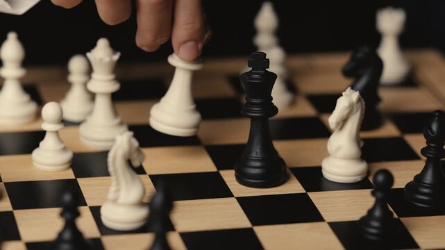 business hand holding a white chess king taking black king, checkmate concept