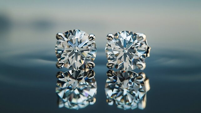 Minimalist silver stud earrings with brilliant round cut diamonds reflecting on a smooth dark surface with a soft blue and grey gradient background