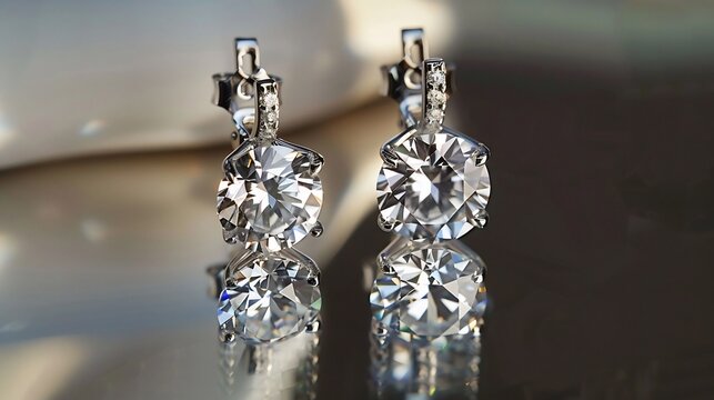 Pair of luxury silver drop earrings with large round cut diamonds reflecting on a glossy surface with a clean and minimalist light grey background