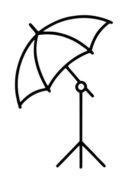 Professional photography studio umbrella light vector icon on a tripod stand for creative photo shoots and video production, minimalist black line art illustration for web design and media.
