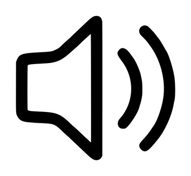 Hand-drawn volume control speaker icon illustration in black outline vector style with curved sound waves emanating outward, isolated on white background for multimedia interfaces