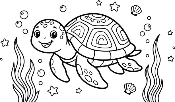 Cute cartoon sea turtle swimming with starfish and seaweed