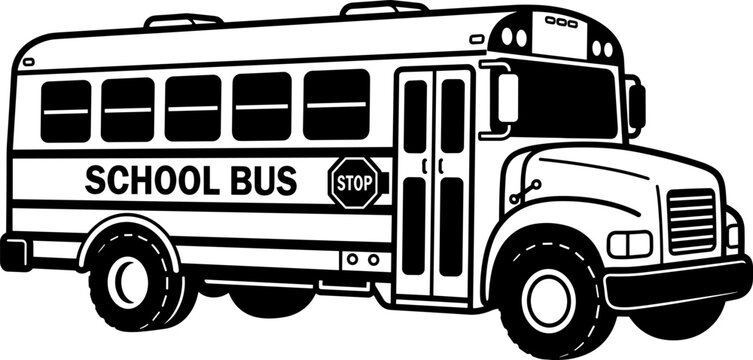 Black and white illustration of a classic school bus