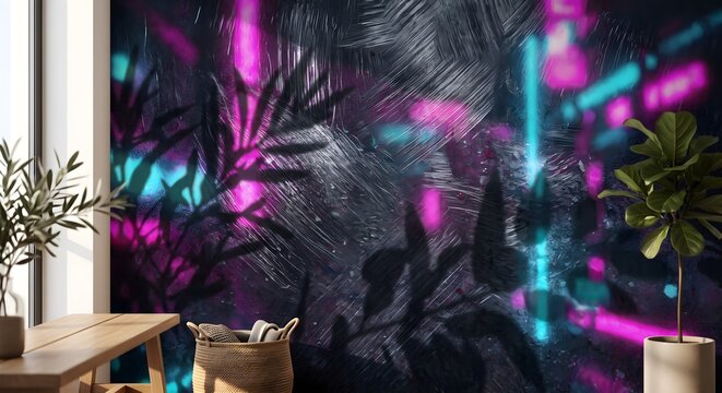 Cozy Interior Backdrop with Tropical Leaf Shadows and Cyberpunk Neon Light Bars