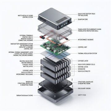 Exploded View Technical Diagram of Industrial Solid-State Battery Pack Module with Internal Components Isolated on White