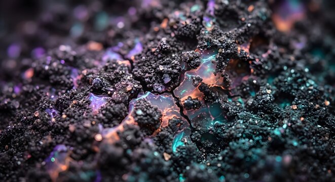 Volcanic Macro Lava Texture Dark Cratered Charcoal Surface Glowing Cyan Light