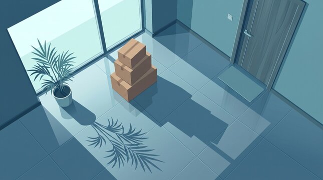 Stack of cardboard delivery parcels in a modern home foyer, high angle view of packages on tiled floor with shadows, e-commerce and home shipping vector illustration