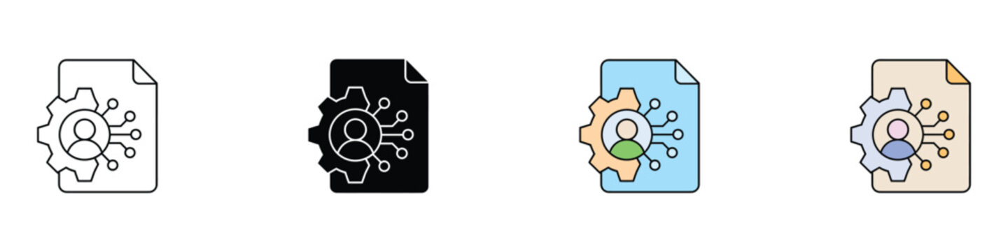 Digital rights management and user access icon set vector illustration. Document copyright protection, security settings, profile gear network, data license symbol.