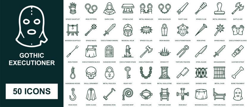 Gothic executioner icon set with medieval torture and dungeon tools