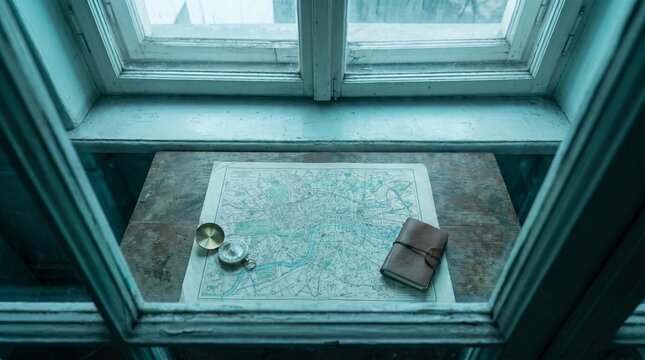 Vintage travel concept, antique map with metal pocket compass and leather journal on rustic wooden table, overhead view by window frame with moody teal light