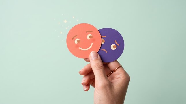 Hand holding contrasting happy and sad face emoticon cards