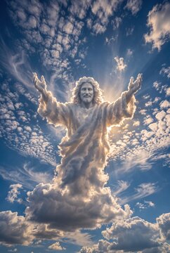 Jesus Christ appearing in heavenly clouds with open arms and radiant sunlight symbolizing faith hope salvation and divine presence