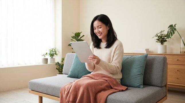 Smiling Asian woman using digital tablet on sofa, happy young female relaxing in cozy modern living room with plants, bright domestic interior leisure concept