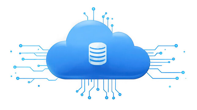 Cloud data storage icon with glowing digital circuit lines and transparent background for tech designs