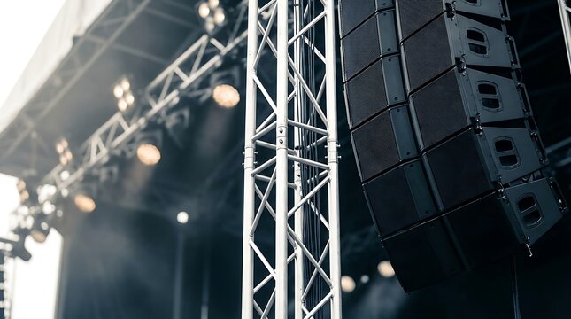Professional sound system speakers stacked on a metal truss structure with stage lights illuminating venue performance area.