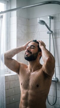 Bearded man washing his hair under a running shower. This intimate moment of self-care highlights a peaceful morning routine. Ideal for wellness, hygiene, and mental health content.