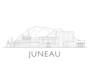 Obraz premium Juneau skyline, Alaska. Urban cityscape with landmarks and monuments. Hand drawn line art digital skyline illustration.