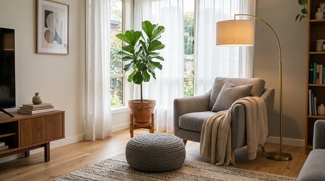 Cozy modern living room interior with soft grey armchair, warm glowing floor lamp, fiddle leaf fig plant, round pouf ottoman, and natural light