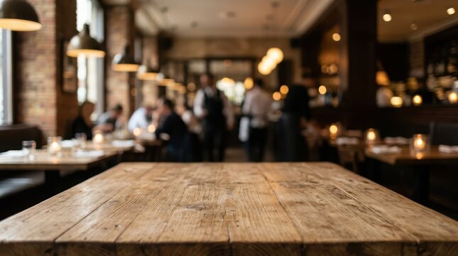 Rustic wooden table surface in foreground with blurred background of busy restaurant interior during evening with warm lighting and diners.
