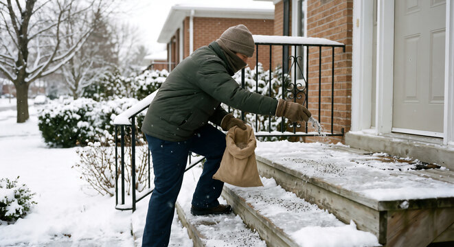 Man spreading salt and melting ice on snowy porch steps