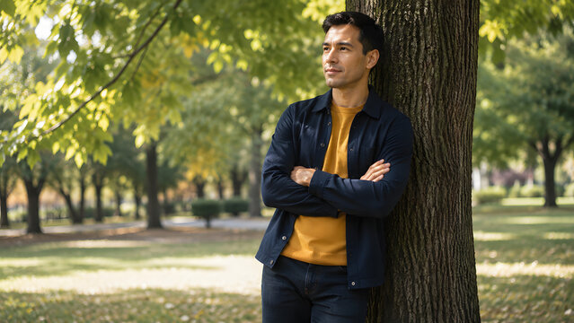 Man standing with arms crossed beside a large tree in a sunny green park, wearing a dark jacket and mustard sweater while looking into the distance.