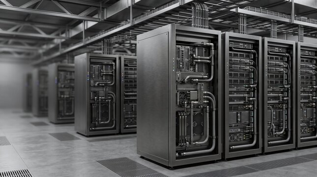 Aligned liquid cooled AI server racks array in data center with copy space