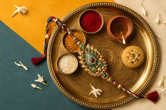 Happy raksha bandhan celebration with royal brass puja thali designer peacock rakhi diya kumkum haldi rice sweet on colorful split table background