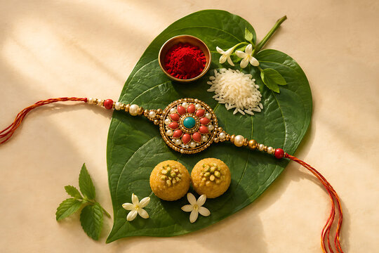 Happy raksha bandhan creative arrangement with traditional floral rakhi sweet laddu kumkum and rice placed on fresh green betel leaf top view