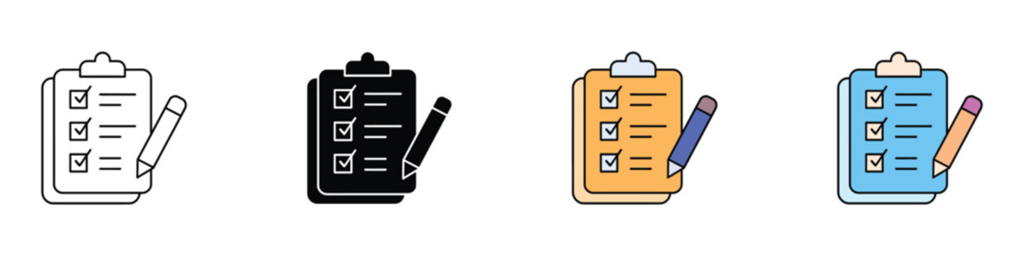 Clipboard checklist and pencil assessment icon set vector illustration. Survey form with check marks, test report, survey document, agreement contract, task list symbol.