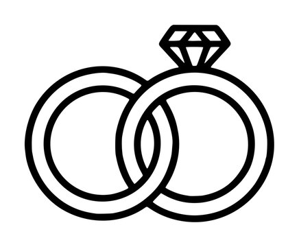 Hand-traced vector icon illustration of two interlocking wedding rings, one adorned with a faceted gemstone diamond, rendered in clean black line outline style for wedding and marriage themed designs