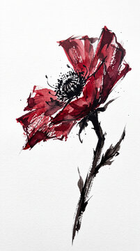 Elegant dried red rose with a long stem and delicate petals isolated against a white background, symbolizing love, romance, beauty, memories, and timeless emotion.