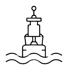 Obraz premium Hand-traced vector icon illustration of a maritime wave energy buoy floating on water surface, depicting ocean power technology with antenna and equipment housing, clean line art style