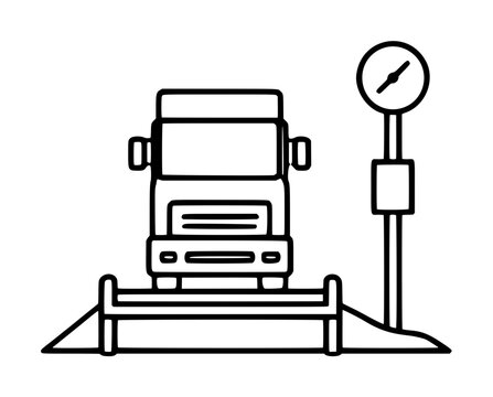 Hand-traced vector icon illustration of a heavy freight truck on a platform scale at a weigh station, featuring a circular analog gauge on a tall pole for accurate load measurement