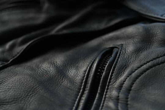 Black genuine leather biker jacket texture background Macro close-up of black genuine leather biker jacket texture with natural grain, wrinkles and stitched details. Dark leather surface creates a sty