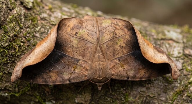 Uropyia meticulodina moth resting on bark mimicking a curled dead leaf