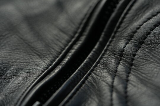Black genuine leather biker jacket texture background Macro close-up of black genuine leather biker jacket texture with natural grain, wrinkles and stitched details. Dark leather surface creates a sty