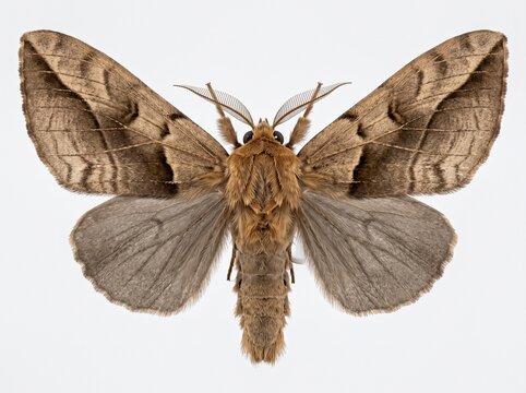 Dorsal macro portrait of a Uropyia meticulodina moth on a white background
