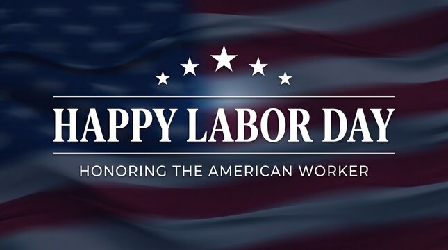 Happy Labor Day typographic greeting card featuring professional text honoring the American worker against a dark patriotic navy blue background with abstract wavy fabric textures and stars.