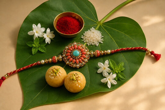 Traditional decorative floral rakhi on green betel leaf with kumkum rice and sweets for celebrating happy raksha bandhan auspicious indian family festival