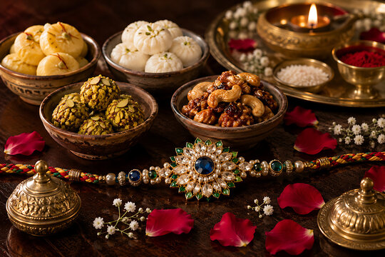 Royal blue gemstone designer rakhi on wooden table with assorted traditional sweets diya and flowers celebrating happy raksha bandhan festive cultural ritual