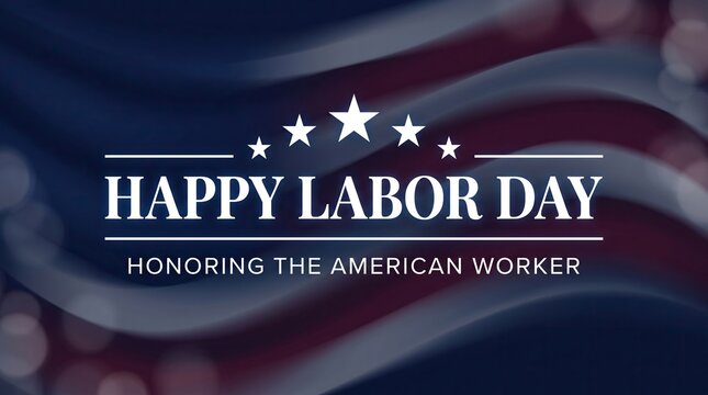 Labor Day holiday greeting banner featuring elegant patriotic typography and stylized American flag waving background with soft glowing bokeh lights for national workforce appreciation events.
