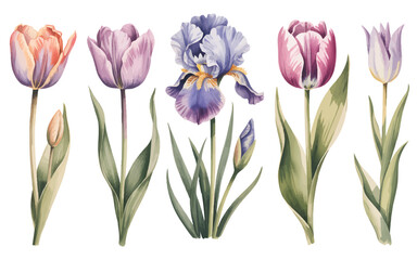 Fototapeta premium Colorful Watercolor Tulips and Iris Flowers Botanical Illustration on White