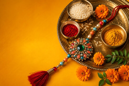 Green gemstone ethnic rakhi with puja thali kumkum rice turmeric and marigold flowers celebrating happy raksha bandhan on bright yellow textured background