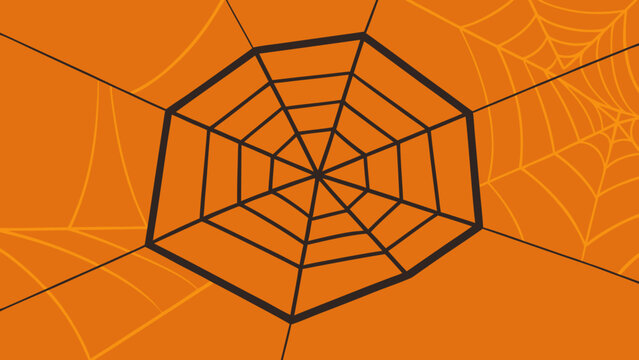 Bold orange spider web centered layout featuring dark interconnected lines across vibrant autumnal backdrop perfect for festive seasonal cards.