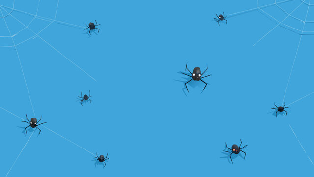 Playful blue background scattered with cartoon spider icons and delicate web strands creating whimsical atmosphere for kids themed holiday event.