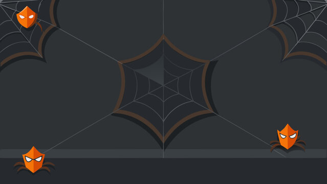 Spiders with orange armor shields and intricate webs on dark backdrop create spooky atmosphere for festive october holiday party designs.