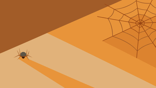 Single black spider creeping towards hanging web on warm brown gradient background suggests ominous mystery for seasonal graphics.