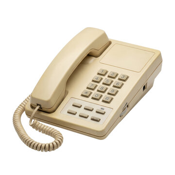 Beige landline telephone on white background