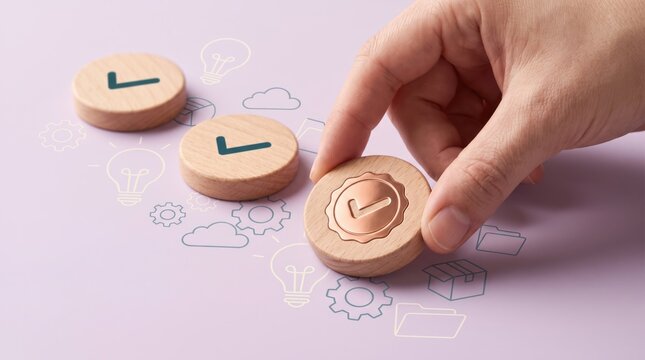 hand placing wooden checkmark token on purple background with business icons